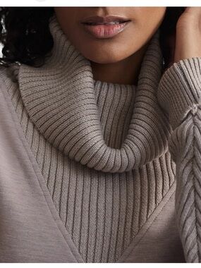 A Classy Chic Boutique Ribbed Cowl-Neck Sweater in Taupe